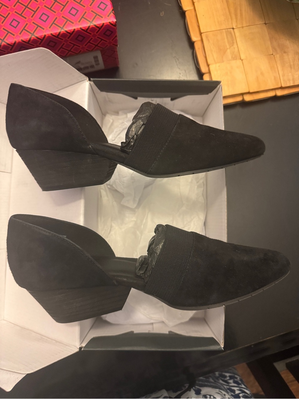 Eileen Fisher Black Suede Women’s Hilly Slip-On Shoes with block heel